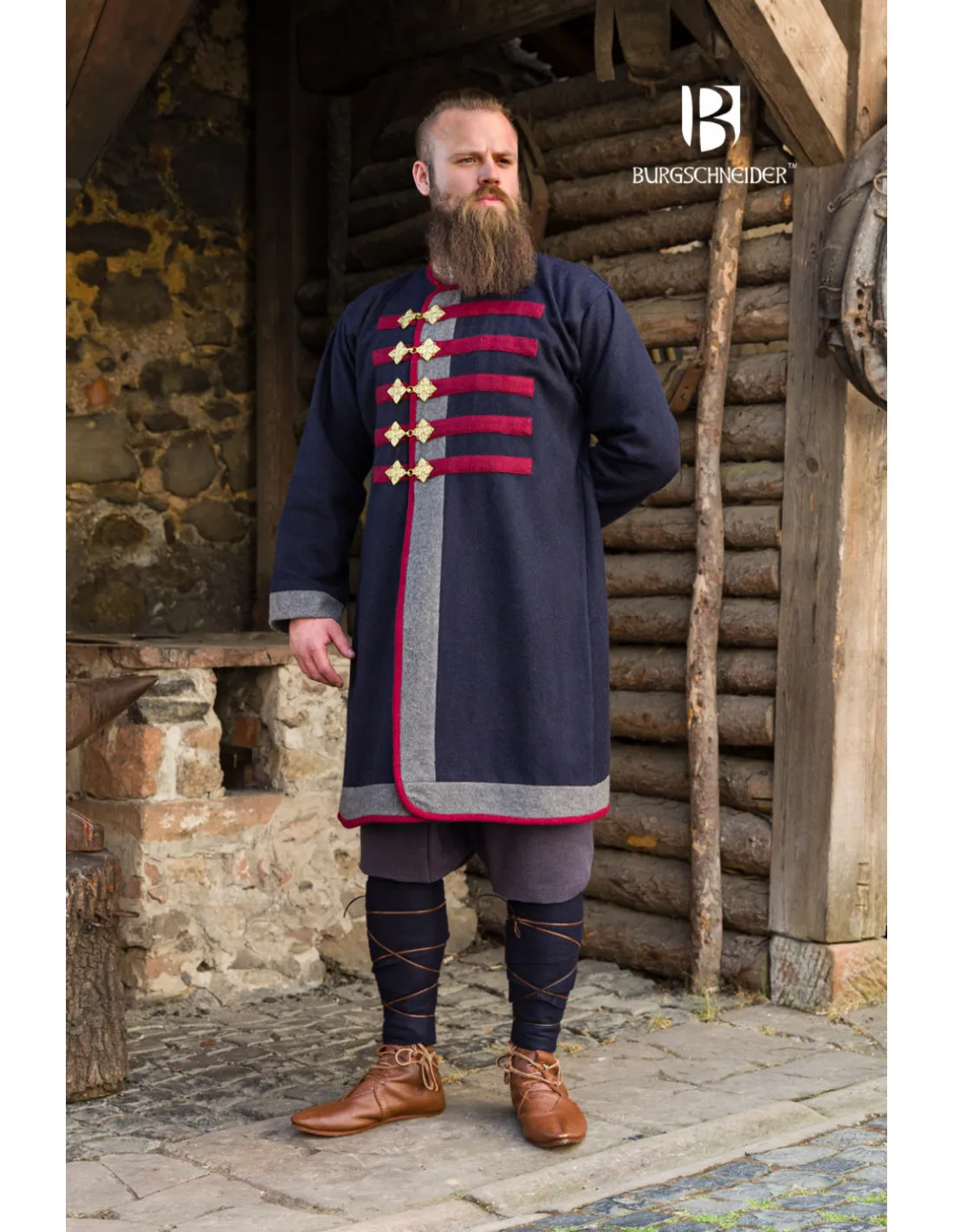 Abrigo medieval modelo Rus Kosma, Gris oscuro-Rojo