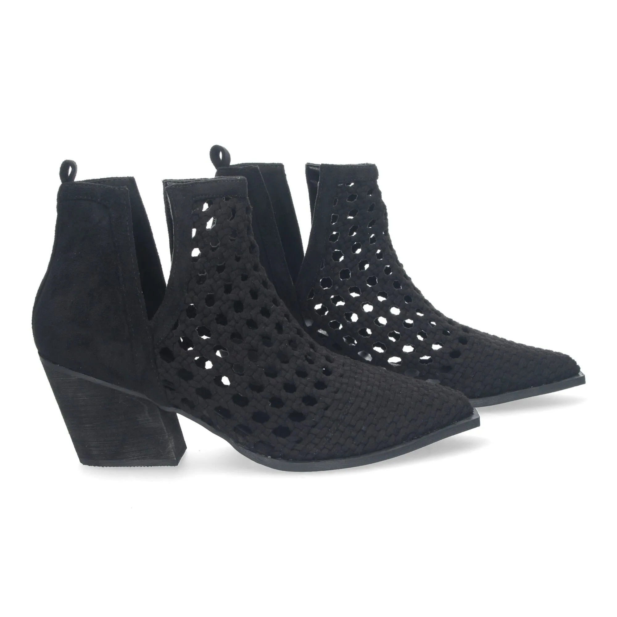 Botines de tacón cómodos estilo calado entrelazado mujer negro YZ23-110B