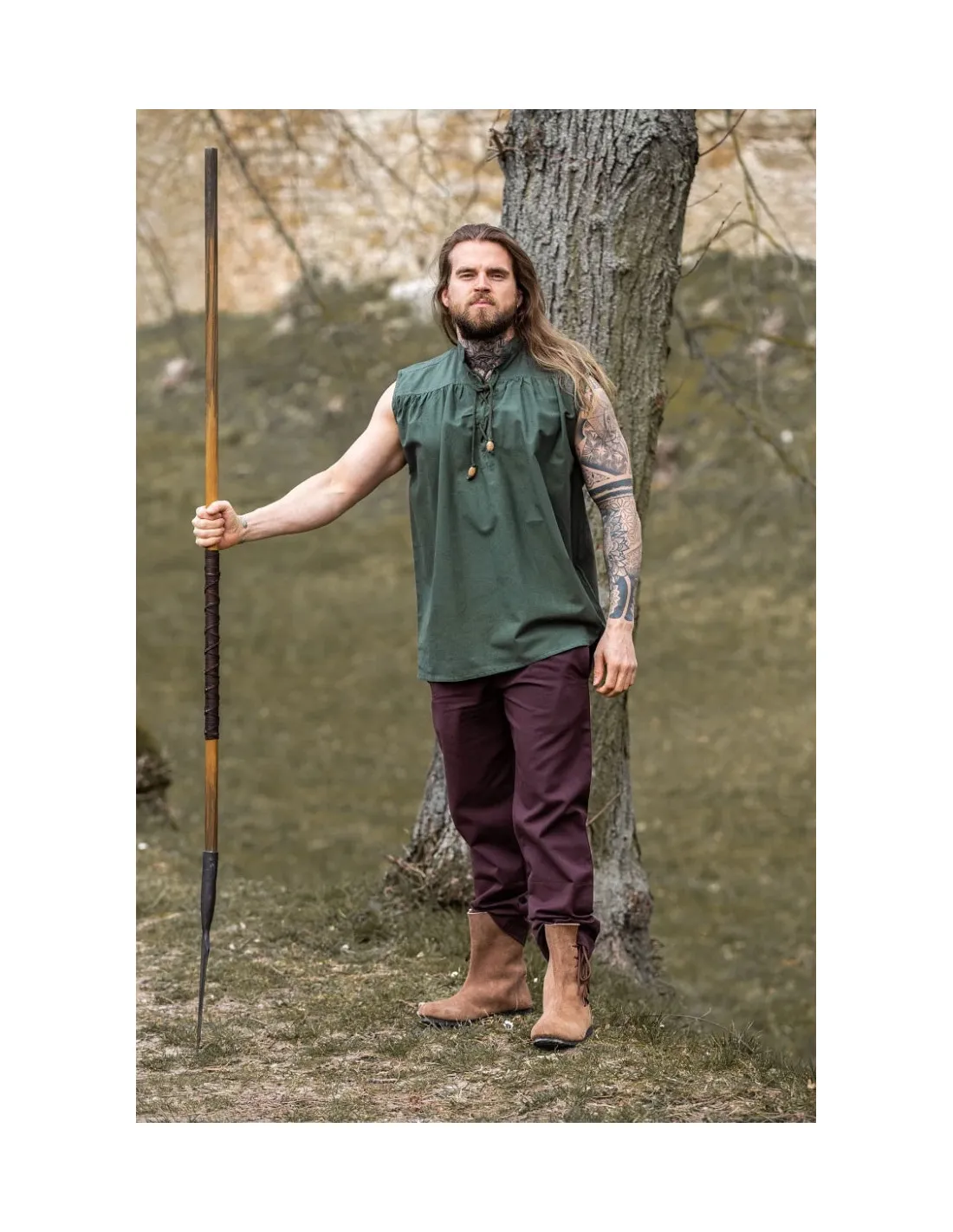 Camisa medieval verde sin mangas, modelo Louis