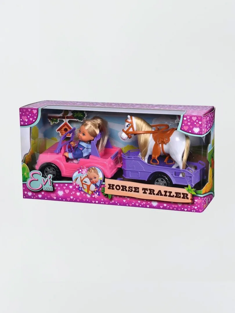 Estuche muñeca Evi - coche + remolque con caballo - ROSA