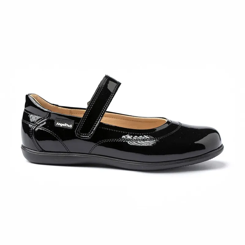 Merceditas Colegiales Niña Piel Charol Velcro 459 Negro, de Angelitos