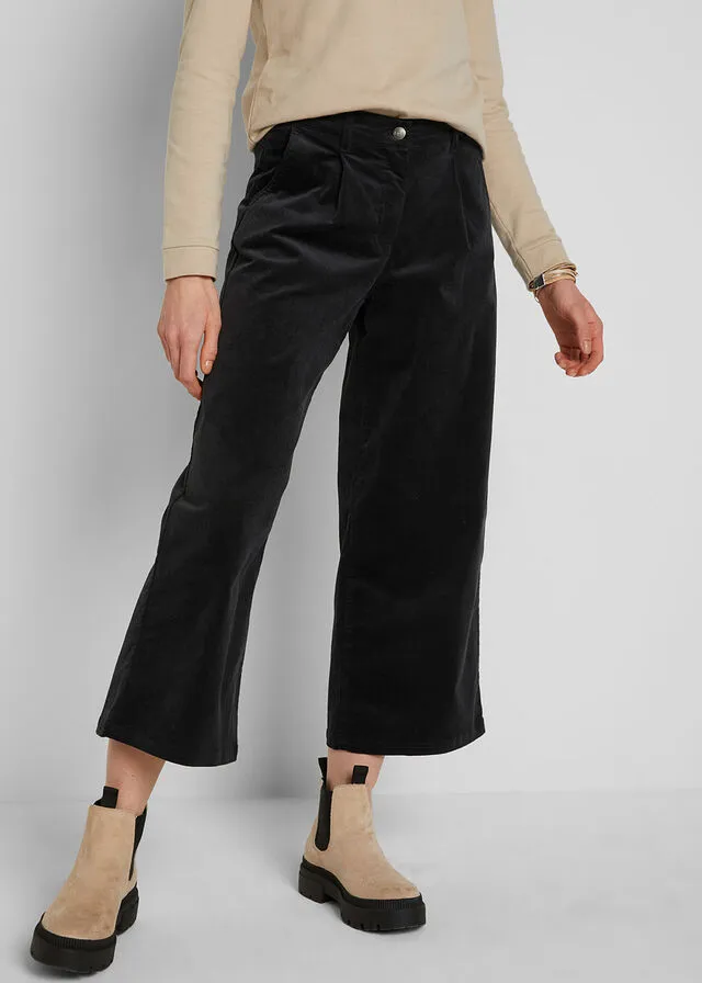 Pantalón ancho de pana elástica con cintura cómoda high waist, largo 7/8 Negro