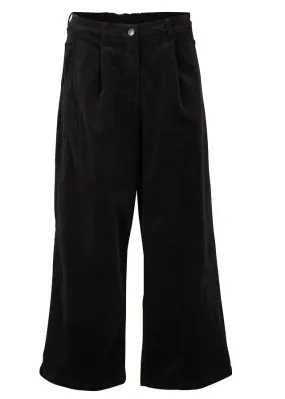 Pantalón ancho de pana elástica con cintura cómoda high waist, largo 7/8 Negro