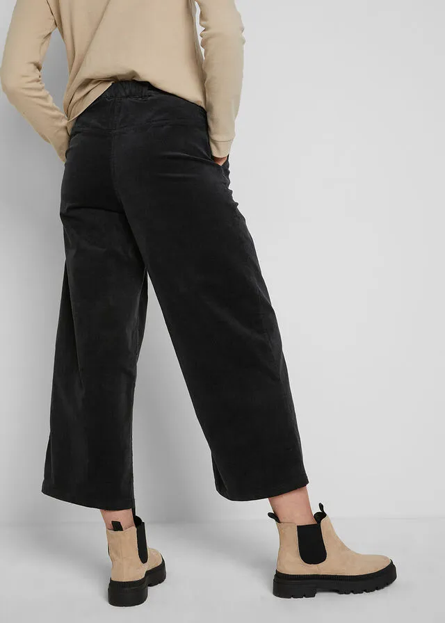 Pantalón ancho de pana elástica con cintura cómoda high waist, largo 7/8 Negro