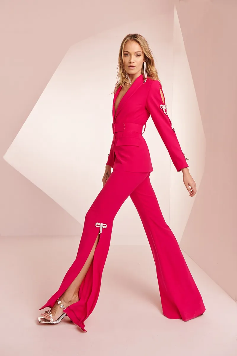 Pantalón Palazzo crepe rosa fucsia con lazo joya Helen