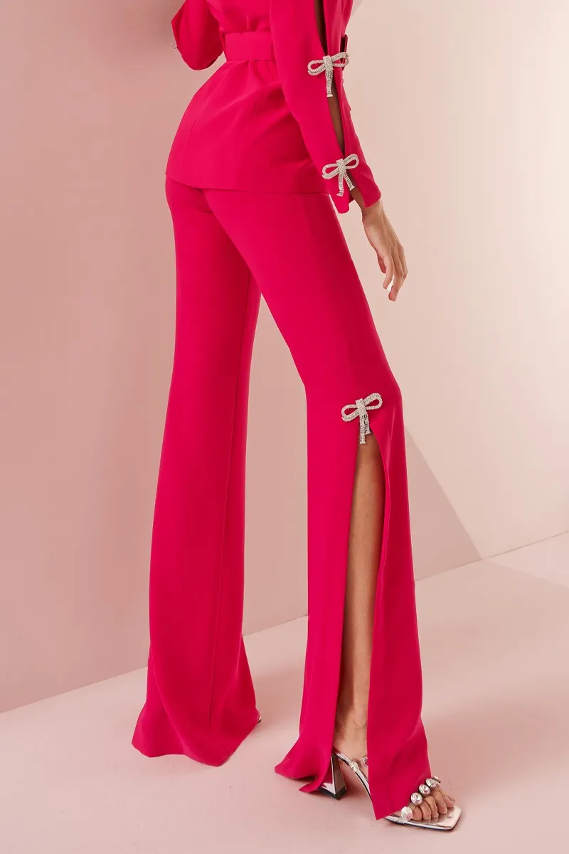 Pantalón Palazzo crepe rosa fucsia con lazo joya Helen