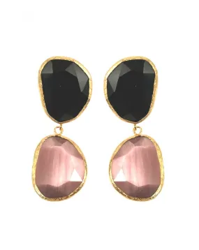 PEDIENTES ORIGINALES DE DOBLE PIEDRA NATURAL COLOR NEGRO CON ROSA