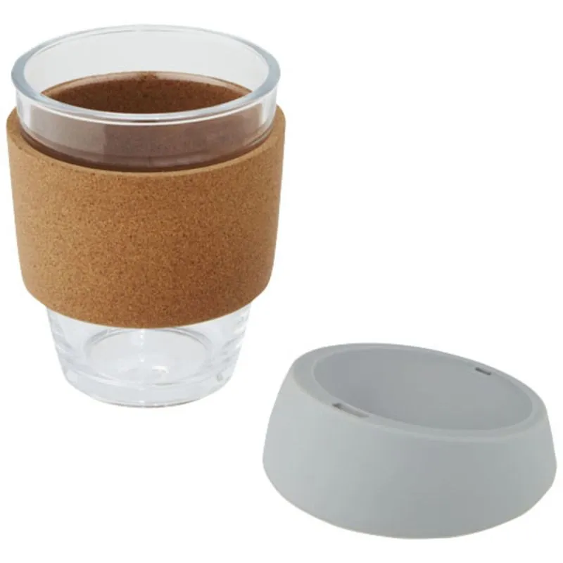 Vaso de vidrio borosilicato de 360 ml con agarre de corcho y tapa de silicona 'Lidan'