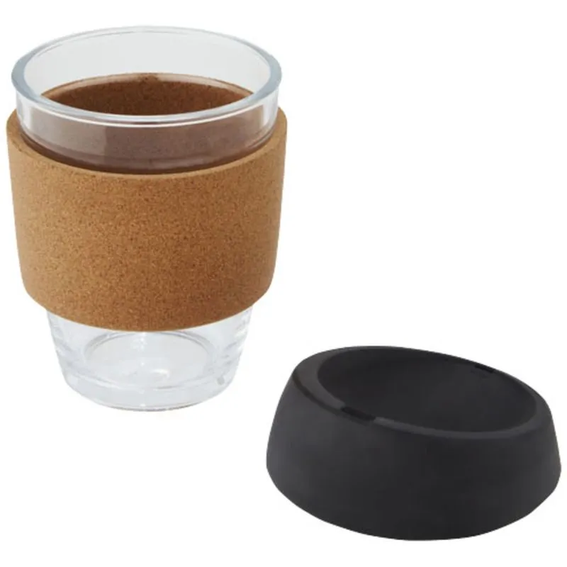 Vaso de vidrio borosilicato de 360 ml con agarre de corcho y tapa de silicona 'Lidan'