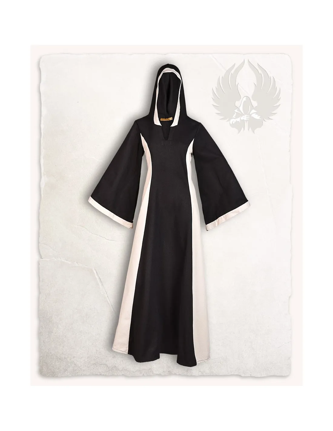 Vestido medieval negro-crema con capucha modelo Iris