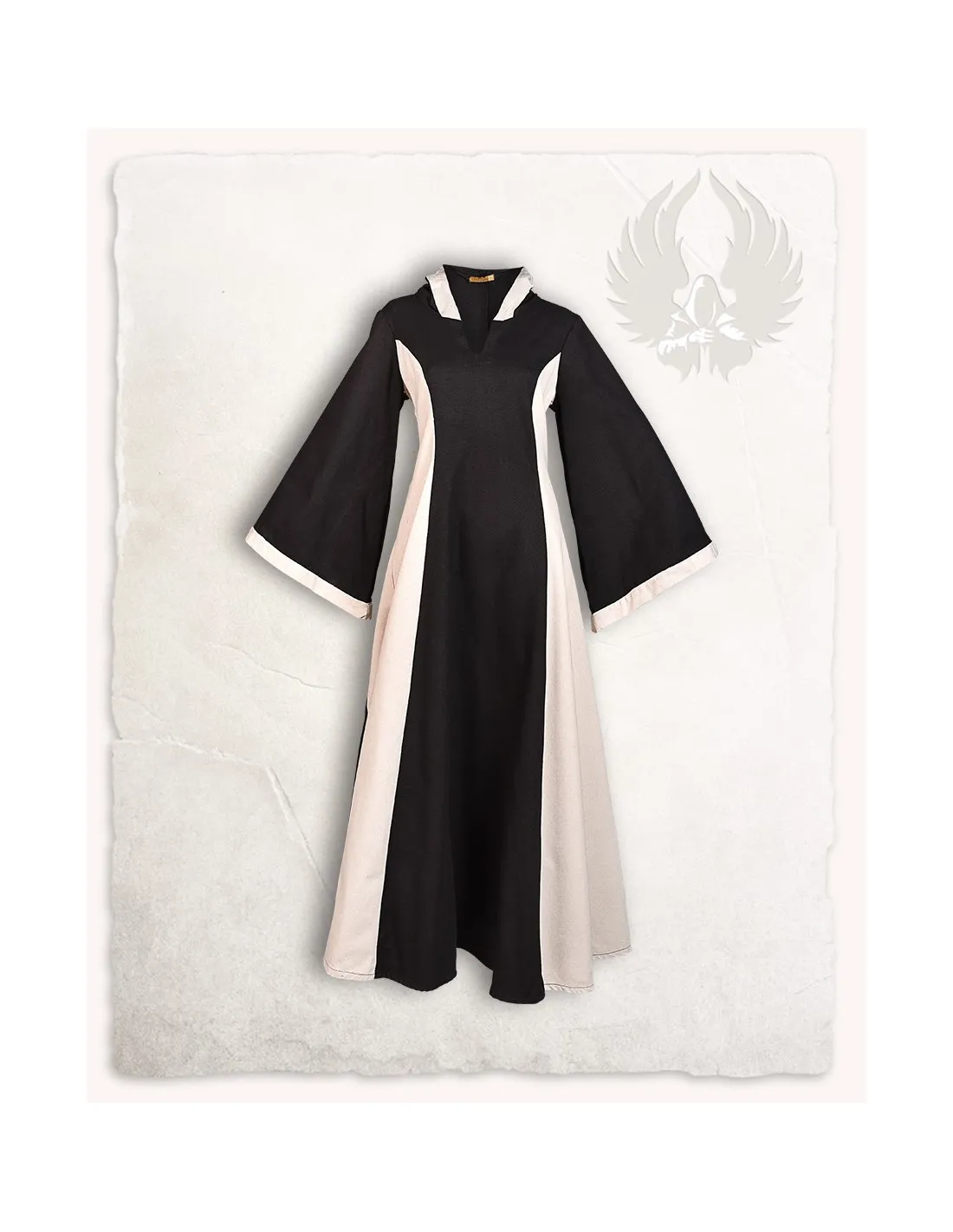 Vestido medieval negro-crema con capucha modelo Iris