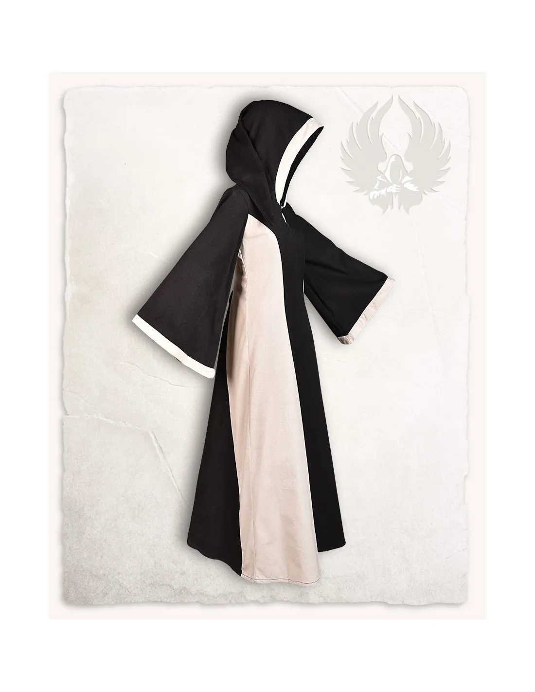 Vestido medieval negro-crema con capucha modelo Iris